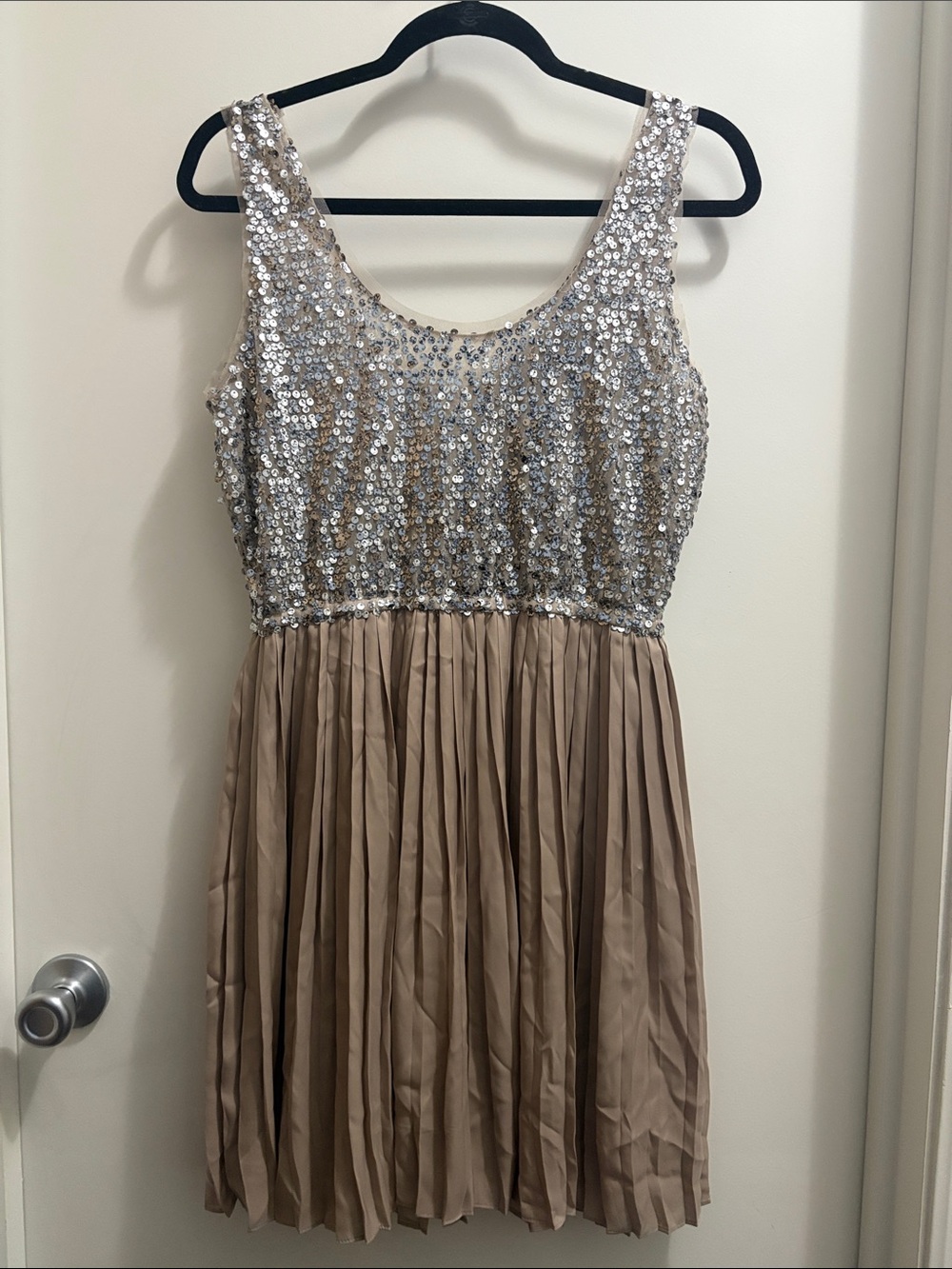 Beige Mini Dress with Silver Sequin Bodice